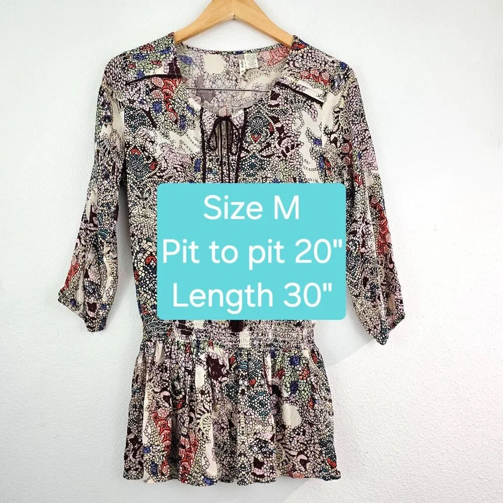 Japna Womens Sz M Vibrant Colorful Print Boho Top Tunic Tassel Hippie Blouse - Picture 7 of 8